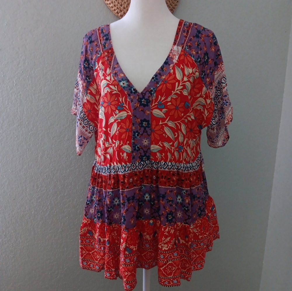 Coco + Carmen Red and Purple Floral Patchwork V-Neck Tunic